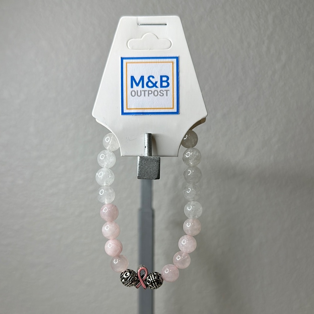 Breast Cancer Awareness Pink, White, and Silver Beaded Bracelet